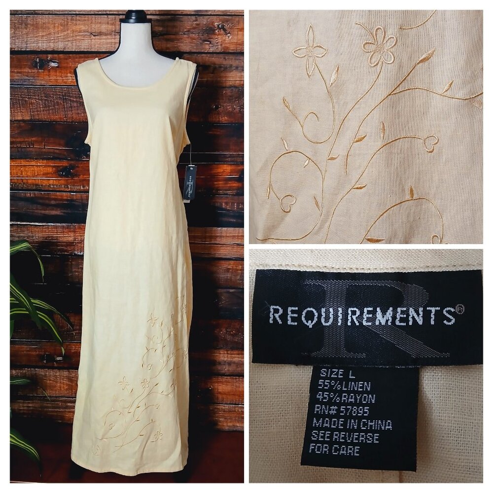 NWT Requirements Maxi Dress L Linen Rayon Cream Floral Embroidered
